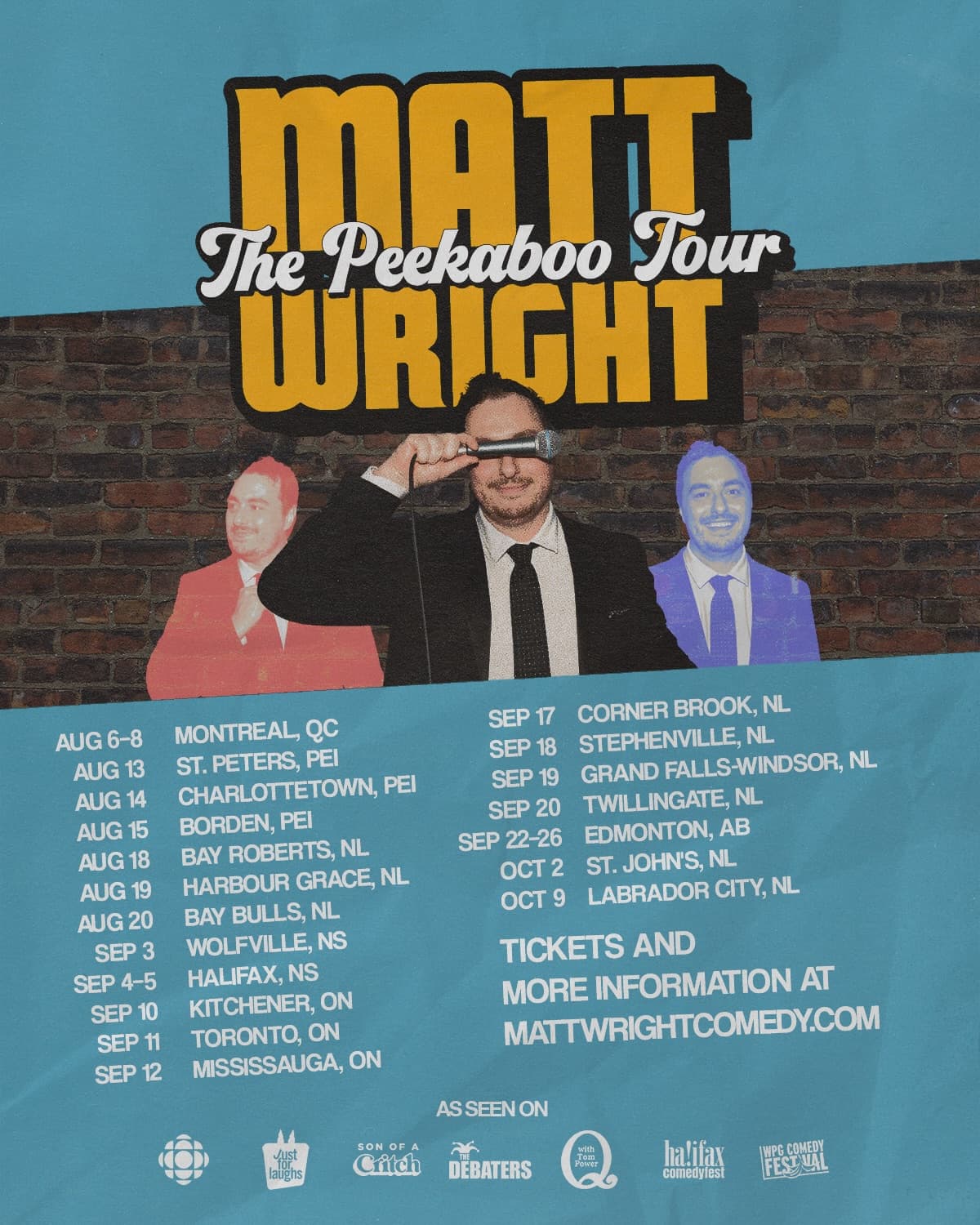 Comedy tour poster for Matt Wright’s “The Peekaboo Tour.” A suited man holds a microphone across his eyes, flanked by red- and blue-tinted images of himself. Tour dates and cities are listed below, with ticket information at mattwrightcomedy.com.