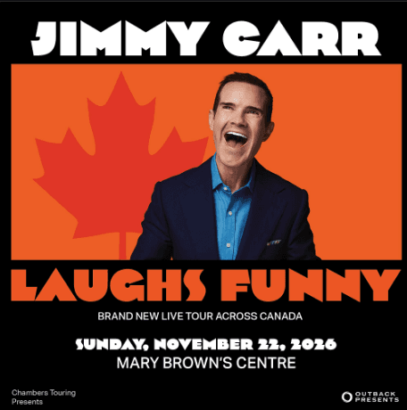 Promotional poster for comedian Jimmy Carr’s Canadian tour. Carr, wearing a blue shirt and dark blazer, laughs in front of a large red maple leaf on an orange background. Text reads: “Jimmy Carr Laughs Funny,” “Brand New Live Tour Across Canada,” “Sunday, November 22, 2026,” and “Mary Brown’s Centre.”